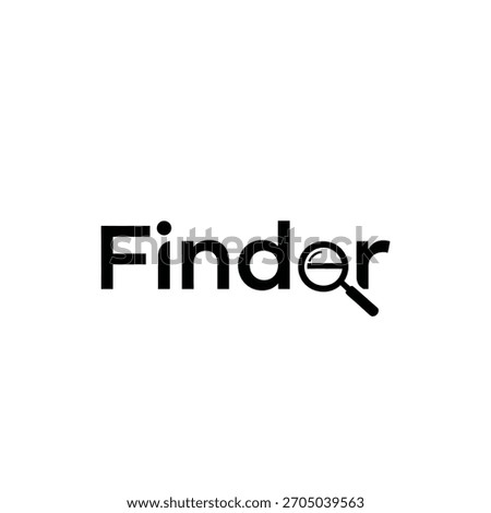 Black and white logo design for the word finder with a magnifying glass replacing the letter r