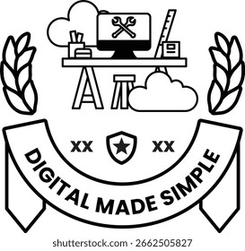 Ein schwarz-weißes Logo für digital einfach gemacht. Das Logo verfügt über einen Schreibtisch mit Computer-Monitor, einen Stuhl und ein Buch. Das Logo verfügt auch über ein Band mit Stern und Schild