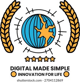 Ein schwarz-weißes Logo für Digital Made Simple. Das Logo zeigt einen Globus mit Sternen und einer Krone