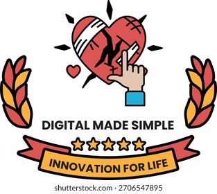 A black and white logo for digital made simple innovation for life. The logo features a broken heart with a finger pointing to it