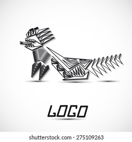 black and white logo with dragon on isolate background. Abstract fantasy vector tattoo. Illustration with paper effect