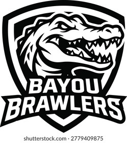 A black and white logo featuring an aggressive alligator head inside a shield, with the words 