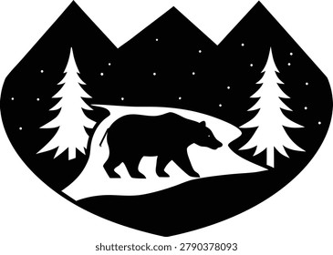 Black and white logo featuring a bear and two pine trees in a shield shape with a snowy mountain background.