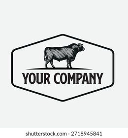 Logotipo en blanco y negro con un toro parado en un hexágono con las palabras "TU EMPRESA" en texto en negrita, diseño simple pero efectivo