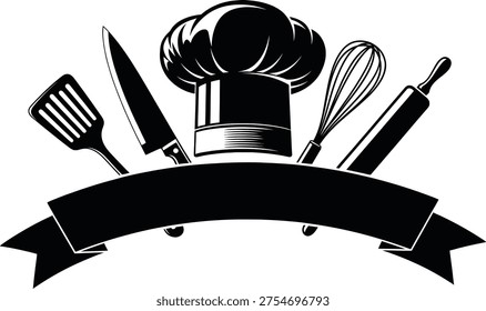A black and white logo featuring a chef's hat and various kitchen tools on a ribbon banner