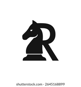 Um logotipo preto e branco com um cavaleiro de xadrez combinado com a letra r em um estilo moderno