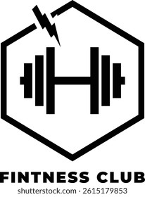 Black and white logo featuring a dumbbell inside a hexagon, struck by lightning. Below, Fintness Club is boldly written. Simple, powerful design.