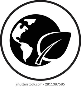 A black and white logo featuring earth with leaf