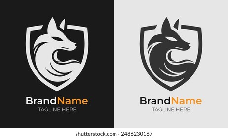 A black and white logo featuring a fox head in a shield. Ideal for strong and bold branding. Elegant and simple design.
