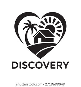Logotipo en blanco y negro con forma de corazón con una casa, palmera y sol en su interior. La palabra 'DESCUBRIMIENTO' está escrita debajo del corazón.