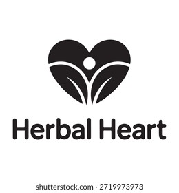 Logotipo en blanco y negro con forma de corazón con extensiones en forma de hoja y el texto "Corazón de hierbas" debajo.