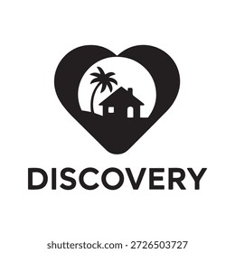 Um logotipo preto e branco com uma forma de coração com uma casa e uma palmeira dentro dela, representando um tema tropical ou de férias. A palavra 'DISCOVERY' está escrita abaixo do coração.