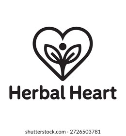 Logotipo en blanco y negro con forma de corazón y una planta creciendo en su interior. Debajo del corazón está el texto 'Corazón de hierbas' escrito en una fuente simple y limpia.