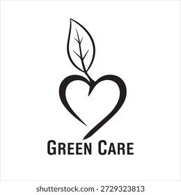 A black and white logo featuring a heart shape with a single leaf sprouting from its top, symbolizing growth, nature, and care. The text GREEN CARE is prominently displayed below the graphic.
