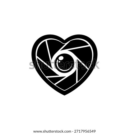 A black and white logo featuring a heart shape with a camera lens aperture inside, symbolizing love for photography.