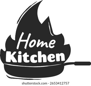 Black and white logo featuring a home kitchen with flames rising from a pan, perfect for restaurants, food blogs, and culinary enthusiasts seeking a modern, minimalist design