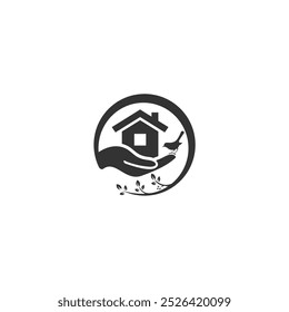 A black and white logo featuring a house nestled within a circle, held by a hand. A small bird perches on the roof, and a branch with leaves wraps around the circle.