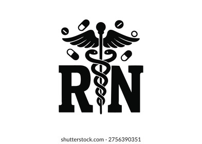 A black and white logo featuring the letters RN with a medical caduceus symbol and pills, representing nursing and healthcare.