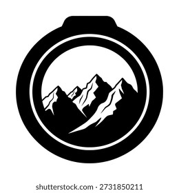 Black and white logo featuring mountains within a circular frame, resembling a camera lens with a landscape scene.