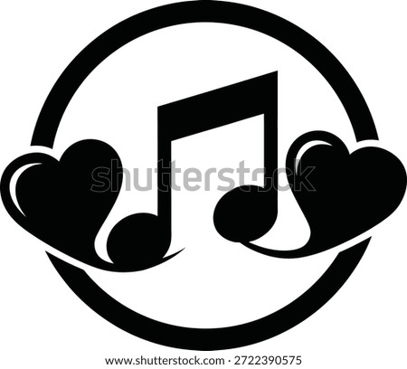A black and white logo featuring a musical note surrounded by hearts, perfect for Valentine's Day themed music playlists or love songs