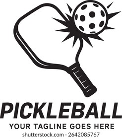 A black and white logo featuring a pickleball paddle hitting a ball with impact stars. The word pickleball is below.