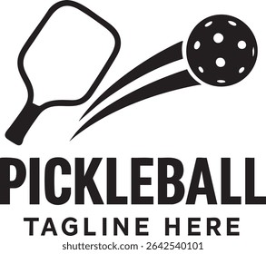 A black and white logo featuring a pickleball paddle and ball with motion lines, above the word "PICKLEBALL".