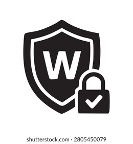 A black and white logo featuring a shield with a 'W' and a padlock with a checkmark, symbolizing website protection