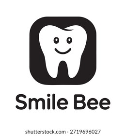 Logo en blanco y negro con un diente sonriente encerrado en un marco cuadrado, con el texto 'Smile Bee' debajo.