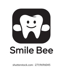 Logotipo en blanco y negro con un diente sonriente encerrado dentro de un cuadrado negro. El texto 'Smile Bee' está escrito debajo del cuadrado.