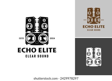 Logo en blanco y negro con altavoces con texto Echo Elite Clear Sound. Adecuado para tiendas electrónicas y negocios de ingeniería de sonido.