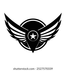 A black and white logo featuring a star within a circle and wings extending outward, symbolizing speed and excellence.