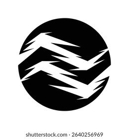 A black and white logo featuring a stylized, jagged design within a circle. The design suggests movement.