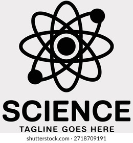 Um logotipo preto e branco com um símbolo de átomo estilizado com elétrons em órbita, posicionado acima da palavra "SCIENCE" em letras maiúsculas em negrito. Abaixo de "SCIENCE" está o texto de espaço reservado "TAGLINE GOES HERE" em letras minúsculas. O fundo é um plano, cinza claro.