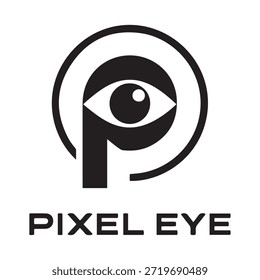 Um logotipo preto e branco com um olho estilizado dentro de um quadro circular, com a letra 'P' integrada no design. Abaixo do logotipo, o texto 'PIXEL EYE' está escrito em negrito e letras maiúsculas.