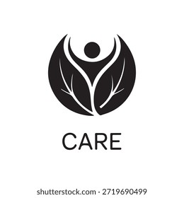 A black and white logo featuring a stylized human figure with outstretched arms, surrounded by leaf-like shapes. Below the figure, the word 'CARE' is written in capital letters.
