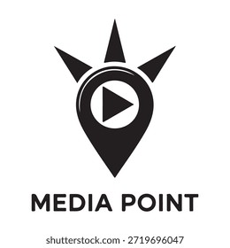Ein schwarz-weißes Logo mit einem stilisierten Stift mit einem Symbol für die Wiedergabetaste in der Mitte, umgeben von vier dreieckigen Erweiterungen, die an die Spitzen erinnern. Der Text "MEDIA POINT" befindet sich unterhalb des Logos.