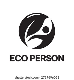Ein schwarz-weißes Logo mit einer stilisierten menschlichen Figur im kreisförmigen Design mit dem Text 'ECO PERSON' darunter.