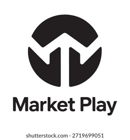 Ein schwarz-weißes Logo mit einer stilisierten M-Form innerhalb eines Kreises mit dem Text "Market Play" darunter.