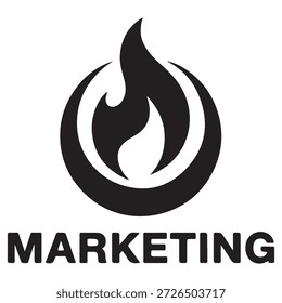 Logotipo en blanco y negro con una llama estilizada encerrada en forma circular, con la palabra 'MARKETING' escrita debajo.