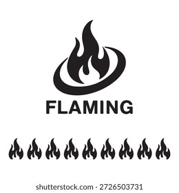 Ein schwarz-weißes Logo mit einer stilisierten Flamme in kreisförmiger Form, darunter steht das Wort "FLAMING". Unter dem Logo ist ein sich wiederholendes Muster aus kleineren Flammen zu sehen.