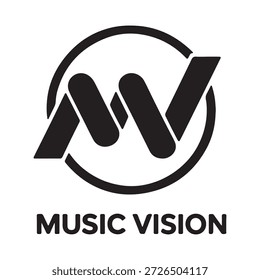 Um logotipo preto e branco com fones de ouvido estilizados e uma letra grande 'W' dentro de um quadro circular. O texto 'MUSIC VISION' está escrito abaixo do logotipo.