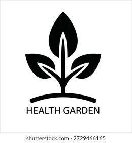 Un logo en blanco y negro con una planta estilizada con tres hojas que brotan de un tallo, colocadas contra una simple línea curva que representa el suelo. Las palabras JARDÍN DE SALUD se colocan debajo de la planta.