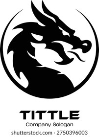 Black and white logo featuring a stylized dragon head with a company slogan below