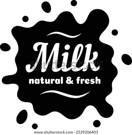 Black and white logo featuring stylized milk splash with text, emphasizing the natural and fresh qualities of dairy products
