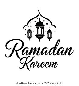 Um logotipo preto e branco com três lanternas sob uma lua crescente, com as palavras 'Ramadan Kareem' escritas abaixo.