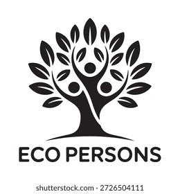 Logotipo en blanco y negro con un árbol con hojas y frutos que simboliza el crecimiento y la sostenibilidad. El texto 'ECO PERSONS' se coloca debajo del árbol.