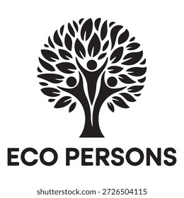 Logotipo en blanco y negro con un árbol con una figura humana estilizada en las ramas, que simboliza la conexión entre las personas y la naturaleza. El texto 'ECO PERSONS' se muestra debajo del árbol.
