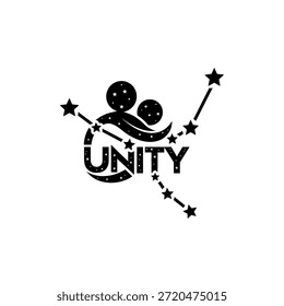Um logotipo preto e branco com duas figuras estilizadas abraçando, formando a letra "U" para Unity, cercada por estrelas conectadas como uma constelação.