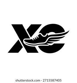 Logo en blanco y negro con una zapatilla de running alada y las letras xo