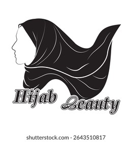 A black and white logo featuring a woman's profile wearing a hijab, accompanied by the words "Hijab Beauty".